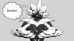  anthro black_and_white black_body black_fur breast_fondling breast_play breasts claws ebonclaws female fingers fondling fur generation_7_pokemon grey_eyes hand_on_breast hi_res legendary_pokemon monochrome nintendo outline pokemon pokemon_(species) screentone solo thought_bubble warfare_zeraora white_body white_fur zeraora 