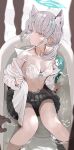  1girl absurdres animal_ear_fluff animal_ears bare_shoulders bathtub blue_archive blue_eyes blush breasts cleavage collarbone commentary cross_hair_ornament extra_ears grey_hair hair_ornament halo highres looking_at_viewer medium_breasts medium_hair pjkka shiroko_(blue_archive) short_ponytail sidelocks solo_focus water wet wolf_ears 