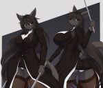  2023 5_fingers absurd_res anthro black_clothing black_hair black_nose butt camel_toe canid canine canis clothed clothing digital_media_(artwork) female fingers hair hi_res holding_object holding_weapon legwear long_hair mammal simple_background son2j weapon wolf 