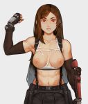  1girl abs bare_shoulders biceps black_skirt breasts brown_hair cleavage commentary crop_top effy_neprin elbow_gloves elbow_pads english_commentary final_fantasy final_fantasy_vii fingerless_gloves gloves large_breasts light_areolae long_hair looking_at_viewer materia midriff navel nipples red_eyes red_footwear shirt skirt smile solo suspender_skirt suspenders suspenders_gap tank_top taut_clothes taut_shirt tifa_lockhart torn_clothes torn_shirt white_tank_top 