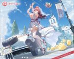  1girl ahoge arms_up azur_lane bird blue_sky bouquet_toss breasts bremerton_(azur_lane) bremerton_(joyride_of_love)_(azur_lane) bridal_veil car character_name chick church day dress english_text floating_hair flower full_body garter_straps hair_flower hair_intakes hair_ornament high_heels jewelry katsudansou lace-trimmed_legwear lace_trim large_breasts long_hair looking_at_viewer manjuu_(azur_lane) motor_vehicle multicolored_hair multiple_views official_alternate_costume official_art one_eye_closed outdoors petals pink_eyes pink_hair ribbon ring sky standing standing_on_one_leg stiletto_heels streaked_hair striped striped_ribbon thighhighs veil wedding_dress wedding_ring white_dress white_thighhighs 