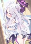  1girl absurdres ahoge ass bathroom black_panties blue_archive blurry blush bra_strap commentary_request demon_girl demon_horns demon_wings depth_of_field forehead halo head_tilt high_ponytail highres hina_(blue_archive) horns indoors long_hair long_sleeves looking_at_viewer panties parted_bangs parted_lips purple_eyes shi_ecchi shirt sidelocks solo underwear undressing white_hair white_shirt wings 