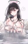  ...? 1girl ? absurdres black_hair blue_archive blush breasts cleavage collarbone halo highres large_breasts looking_at_viewer navel onsen parted_lips partially_submerged raki_kr red_eyes rio_(blue_archive) robe spoken_question_mark steam stomach water wet white_robe 