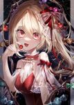  1girl :d absurdres alternate_costume blonde_hair bow candy commentary fang flandre_scarlet food highres looking_at_viewer one_side_up open_mouth red_bow red_eyes smile solo touhou upper_body wings yukia_(yukia_777) 