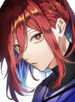  1boy 58hrprtr blue_lock blue_shirt chigiri_hyoma highres long_hair looking_at_viewer male_focus open_mouth portrait red_eyes red_hair shirt simple_background solo white_background 