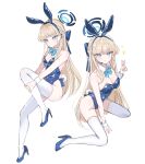  1girl absurdres animal_ears aqua_bow aqua_bowtie armpits ass bare_shoulders blonde_hair blue_archive blue_eyes blue_leotard blush bow bowtie braid breasts cleavage detached_collar earrings fake_animal_ears feet_out_of_frame french_braid full_body groin hair_bow hair_intakes halo headset high_heels highres hugging_own_legs invisible_chair jewelry leotard long_hair looking_at_viewer mashimyu medium_breasts multiple_views official_alternate_costume playboy_bunny rabbit_ears rabbit_tail simple_background sitting strapless strapless_leotard stud_earrings tail thighhighs toki_(blue_archive) toki_(bunny)_(blue_archive) v very_long_hair white_background white_thighhighs wrist_cuffs 