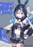  1girl :d artist_name barcode barcode_tattoo bare_shoulders belt black_gloves black_hood black_jacket black_shorts breasts bronya_zaychik bronya_zaychik_(haxxor_bunny) bullet cowboy_shot drill_hair gloves grey_eyes grey_hair hand_on_own_hip highres holographic_interface honkai_(series) honkai_impact_3rd indoors jacket kenjirohayamiti long_hair long_sleeves looking_at_viewer midriff navel open_mouth shorts small_breasts smile solo stomach tattoo twin_drills 