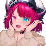  1girl aqua_eyes black_bow black_choker bow braid choker crymsie demon_horns fangs hands_on_own_cheeks hands_on_own_face hat hat_bow heterochromia hololive hololive_english hooded_cardigan horns irys_(casualrys)_(hololive) irys_(hololive) jewelry light_blush looking_at_viewer necklace open_mouth pointy_ears purple_eyes purple_hair short_hair simple_background smile solo swept_bangs virtual_youtuber white_background white_headwear 