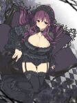  1girl ass_visible_through_thighs black_dress black_flower black_panties black_ribbon black_rose black_thighhighs blush bonnet bow bowtie breasts chair checkered_floor cleavage closed_mouth couch detached_sleeves dress fingernails flower frilled_dress frilled_sleeves frilled_thighhighs frills garter_straps gothic gothic_lolita hair_between_eyes hair_ribbon hairband headdress huge_breasts large_breasts lolita_fashion lolita_hairband long_hair long_sleeves looking_at_viewer murasaki_(senran_kagura) official_art on_chair panties purple_eyes purple_hair ribbon rose scan senran_kagura senran_kagura_peach_beach_splash senran_kagura_shinovi_versus shiny_skin sitting skirt skirt_removed solo thighhighs tile_floor tiles underwear very_long_hair yaegashi_nan 