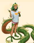  absurd_res accessory antwolph barefoot bottomwear claws_out clothed clothing dragon eastern_dragon feet female food fruit hair headband hi_res hotpants humanoid orange_(fruit) orange_slice plant scales shirt shorts skin smile solo tail tongue tongue_out topwear 
