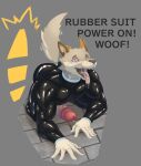  anthro art_roki canid canine canis clothing domestic_dog english_text hi_res male mammal mind_control rockytherookie rubber rubber_clothing rubber_suit solo text wolf 