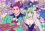  6+girls character_request collarbone furry green_hair halloween_costume head_wings highres horns long_hair morrigan_aensland multiple_boys multiple_girls purple_eyes red_eyes skm_nnm smile vampire_(game) wings 