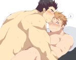  2boys bara blonde_hair blush bright_pupils completely_nude from_side highres implied_anal implied_sex leg_hair leobongnana long_sideburns looking_at_viewer male_focus master_3_(housamo) multiple_boys muscular muscular_male nude on_bed short_hair shy sideburns spoken_sweatdrop sweat sweatdrop tennouji_shin&#039;ya thick_eyebrows tokyo_afterschool_summoners yaoi 
