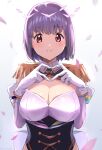  1girl absurdres blush breasts cleavage closed_mouth collared_shirt commentary_request cowboy_shot detached_sleeves epaulettes framed_breasts gloves gridman_universe gridman_universe_(film) halo heart heart_hands highres large_breasts looking_at_viewer off_shoulder partial_commentary purple_hair purple_shirt red_eyes sakamoto_(ojiojiojisanda) shinjou_akane shirt short_hair sidelocks simple_background sleeveless sleeveless_shirt smile solo spoilers ssss.gridman standing white_gloves 