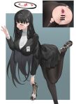  1girl absurdres anal anal_object_insertion anus ass black_footwear black_hair black_pantyhose blazer blue_archive blush breasts censored chuck_(harfmoondark) cum cum_in_footwear cum_on_body cum_on_feet dorsiflexion feet foot_out_of_frame halo highres jacket large_breasts leg_up legs long_hair multiple_views no_shoes object_insertion paid_reward_available pantyhose pleated_skirt pussy rio_(blue_archive) shoes shoes_removed skirt solo sweatdrop sweater toes torn_clothes torn_pantyhose turtleneck turtleneck_sweater 