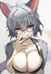  2023 5_fingers absurd_res accessory ahoge an_chobi94 anthro big_breasts blep blush bra breasts claws cleavage clothed clothing digital_media_(artwork) domestic_cat eyewear felid feline felis female female_anthro finger_claws fingers fur glasses grey_body grey_fur grey_hair hair hair_accessory hi_res kemono looking_at_viewer mammal pink_eyes portrait silver_hair solo tail tongue tongue_out underwear white_body white_fur 