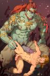  2boys abs absurdres armlet bara beard clothes_pull colored_skin completely_nude elf facial_hair feet_out_of_frame ganondorf green_skin highres huge_eyebrows imminent_anal imminent_penetration interracial large_hands large_pectorals leg_grab link loegaku long_hair male_focus male_pubic_hair mature_male multiple_boys muscular muscular_male navel nipples nude official_alternate_costume orange_hair pants pants_pull pectorals penis penis_on_stomach pointy_ears ponytail precum pubic_hair sideburns size_difference smirk spread_legs standing stomach tattoo the_legend_of_zelda the_legend_of_zelda:_tears_of_the_kingdom thick_eyebrows toned toned_male topless_male veins veiny_penis yaoi 