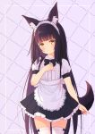  1girl alternate_costume animal_ear_fluff animal_ears azur_lane black_bow black_bowtie black_dress black_hair blunt_bangs blush bow bow_legwear bowtie commentary_request cowboy_shot dress enmaided fox_ears fox_girl fox_tail long_hair looking_at_viewer m_ko_(maxft2) maid maid_headdress nagato_(azur_lane) parted_lips puffy_short_sleeves puffy_sleeves short_dress short_sleeves solo tail thighhighs very_long_hair white_thighhighs yellow_eyes zettai_ryouiki 