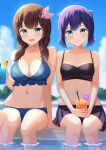  2girls :d a-chan_(hololive) aqua_eyes arm_at_side arm_support bare_arms bare_shoulders bikini bikini_skirt black_bikini blue_bikini blue_bow blue_eyes blue_hair blue_sky bow breasts brown_hair cleavage closed_mouth cloud collarbone dark_blue_hair day drink drinking_straw feet_out_of_frame frilled_bikini frills hair_between_eyes hair_bow hair_ornament hand_up hands_on_lap highres holding holding_drink hololive ice ice_cube light_blush looking_at_viewer low_twintails medium_breasts medium_hair multiple_girls navel open_mouth outdoors pleated_skirt pool print_bikini short_hair sitting skirt sky small_breasts smile soaking_feet star_(symbol) star_hair_ornament straight-on sunlight swimsuit tokino_sora twintails typho virtual_youtuber water wet 