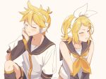  1boy 1girl :t ahoge angry annoyed bare_shoulders black_sailor_collar black_shorts black_sleeves blonde_hair blush bow brother_and_sister cheek_rest detached_sleeves flat_chest hair_bow hair_ornament hairclip headphones headset highres kagamine_len kagamine_rin leg_warmers m0ti neckerchief necktie number_tattoo pout sailor_collar sailor_shirt shirt short_hair short_ponytail shorts shoulder_tattoo siblings sleeveless sleeveless_shirt spiked_hair swept_bangs tattoo tearing_up twins vocaloid white_bow yellow_neckerchief yellow_necktie 