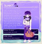  1boy artist_name barefoot basket cat character_name colored_skin english_text highres holding holding_basket looking_at_viewer omori pants pencil pencil_behind_ear picnic_basket purple_eyes purple_hair short_hair solo spoilers sunny_(omori) sweatpants white_skin zipsunz 