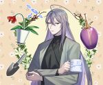  1boy absurdres ahoge bishounen black_shirt blue_eyes bottle colored_inner_hair cup fishfall flower flower_pot highres holding holding_cup hypnosis_mic jinguji_jakurai long_hair long_sleeves male_focus mug multicolored_hair perfume_bottle purple_hair shirt simple_background solo sweatdrop trowel upper_body very_long_hair 