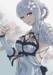  1girl bandages blue_sky blunt_bangs braid braided_ponytail cloud cloudy_sky commentary_request flower grey_hair hair_between_eyes hair_flower hair_ornament highres kaine_(nier) lingerie looking_at_viewer medium_hair nier nier_(series) nutori_manga single_sidelock sky solo underwear 