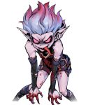  1girl belt black_belt blood blood_on_arm blood_on_chest blood_on_clothes blood_on_hands blood_on_leg blood_on_mouth briar_(league_of_legends) colored_sclera detached_sleeves english_commentary fingernails grey_hair league_of_legends legs long_tongue looking_at_viewer multicolored_hair no_pupils phantom_ix_row pink_hair pointy_ears red_sclera sharp_fingernails sharp_teeth simple_background smile solo standing streaked_hair teeth tongue tongue_out two-tone_hair v-shaped_eyebrows vampire white_background 