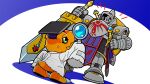  ^_^ agumon_hakase armor artist_request closed_eyes digimon digimon_(creature) full_armor greatsword hat holding holding_magnifying_glass holding_sword holding_weapon knight knightmon lab_coat looking_up magnifying_glass mortarboard official_art sheath sheathed shield shield_on_back sleeves_past_fingers sleeves_past_wrists sword sword_on_back weapon weapon_on_back 