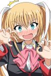  1girl ^^^ aqua_eyes black_jacket blonde_hair blush bow claw_pose close-up commentary embarrassed full-face_blush hair_between_eyes hair_ribbon hands_up highres jacket little_busters! little_busters!_school_uniform long_hair long_sleeves looking_at_viewer open_mouth pink_bow ribbon school_uniform sidelocks silky_(silky_illust) simple_background solo straight-on surprised sweatdrop tokido_saya two_side_up v-shaped_eyebrows white_background white_ribbon wide-eyed 