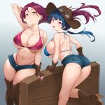  2girls arm_up armpits ass bare_shoulders blue_hair blue_shorts blush boots breasts brown_eyes brown_footwear brown_gloves brown_headwear cleavage gloves hat highres knee_boots kneehighs large_breasts looking_at_viewer love_live! love_live!_sunshine!! multiple_girls navel open_mouth purple_eyes purple_hair sakurauchi_riko short_shorts shorts socks tem10 thigh_boots thighs tsushima_yoshiko underboob 