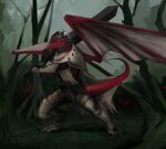  2015 akrolayn anthro armor big_sword big_wings biped cheek_spikes chin_spikes digital_media_(artwork) digital_painting_(artwork) dragon facial_spikes forest forest_background full-length_portrait geodis grass grey_body grey_scales holding_object holding_sword holding_weapon horn huge_sword male melee_weapon membrane_(anatomy) nature nature_background plant portrait red_body red_scales red_tail red_wings scales scalie solo spikes spikes_(anatomy) standing sword tail tan_membrane tree weapon western_dragon white_horn wings 
