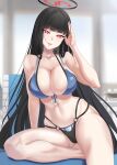  1girl absurdres bikini biting_hair black_hair blue_archive breasts double_bikini harold_japan highres large_breasts long_hair red_eyes rio_(blue_archive) swimsuit 