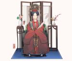  1girl absurdres anata_no_utahime_(lzr13708949567) blue_carpet chair chinese_clothes earrings folding_screen hanfu headdress highres jewelry lotus_root original parted_bangs seal_impression vase water_lily_flower 