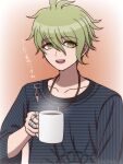  1boy :d amami_rantaro antenna_hair coffee_cup cup danganronpa_(series) danganronpa_v3:_killing_harmony disposable_cup gradient_background green_eyes green_hair highres holding holding_cup jewelry messy_hair necklace ring shirt short_hair smile solo striped striped_shirt suiren_yurei teeth translation_request upper_body upper_teeth_only 