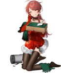  1girl box breasts christmas closed_eyes dress full_body fur-trimmed_dress fur_trim gift gift_box gloves hairband hoshiakari_(c2_kikan) kantai_collection large_breasts long_hair looking_at_viewer nevada_(kancolle) official_art red_dress red_eyes red_gloves red_hair scarf seiza sitting smile solo thighhighs transparent_background 
