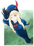  1girl acorn black_footwear black_gloves blonde_hair blue_dress blue_eyes boots bow breasts brooch cosplay dianna_soreil dress drill_hair feathers frills gloves gundam hat hat_feather jewelry kihel_heim large_breasts mitsutsu322 one_eye_closed red_bow smile turn_a_gundam 