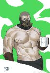  1boy abs absurdres apex_legends artist_request bara buzz_cut caustic_(apex_legends) chemistry chest_hair cropped_legs cup gas_mask groin highres large_pectorals looking_at_viewer male_focus mask mismatched_pupils mug muscular muscular_male nipples pectorals scar scar_across_eye short_hair solo stomach very_short_hair 