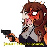  1:1 5_fingers alpha_channel anthro aquilops big_breasts blush breasts brown_hair ceratopsian cleavage clothed clothing delet_this dinosaur english_text female fingers goodbye_volcano_high gun hair handgun holding_gun holding_handgun holding_object holding_revolver holding_weapon horn long_hair meme open_mouth orange_body ornithischian ranged_weapon red_eyes red_fingernails reptile revolver rosa_(gvh) scalie simple_background snoot_game snub_nose solo spikes text tongue translucent translucent_clothing transparent_background unknown_artist weapon 