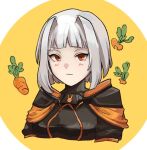  1girl armor black_armor cape carrot fkrnnmr hair_intakes library_of_ruina long_sleeves myo_(project_moon) orange_background orange_cape orange_eyes pauldrons portrait project_moon short_hair shoulder_armor sidelocks solo wavy_mouth white_hair 