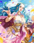 1girl bare_shoulders bird blue_eyes blue_hair blue_nails blue_sky bracelet breasts cape carue cleavage cloud cloudy_sky day dress duck earrings falling_petals gold_bracelet hair_ornament hand_up jewelry large_breasts long_hair looking_at_viewer moroi nefertari_vivi one_piece open_hands open_mouth outdoors parted_bangs petals pink_cape ring sky smile teeth upper_teeth_only white_dress 