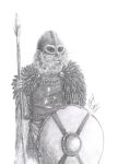  anthro armor clothing domestic_cat felid feline felis female fur graphite_(artwork) greyscale headgear helmet hi_res lied_etal mammal melee_weapon monochrome norwegian_forest_cat pencil_(artwork) polearm shield signature simple_background solo spear traditional_media_(artwork) weapon white_background 