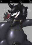  anthro belly big_belly big_breasts black_body black_fur black_hair black_sclera bone breasts canid canine canis dialogue duo fangs female fur hair hi_res huge_breasts human hyper hyper_breasts male malo mammal open_mouth phone pregnant scp-1471 scp-1471-a scp_foundation simple_background skull skull_head smile teeth text vf-01s white_eyes wolf 
