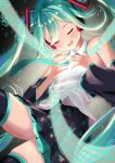  1girl absurdres aqua_hair aqua_nails bare_shoulders black_thighhighs blush breasts closed_mouth detached_sleeves hatsune_miku headphones highres kairono3jou long_hair musical_note open_mouth pleated_skirt skirt small_breasts smile solo thighhighs twintails vocaloid 