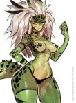  5_fingers animal_humanoid anthro big_breasts blonde_hair bodily_fluids bottomwear breasts clothing collar female fingers fishnet fishnet_clothing fishnet_legwear gradient_hair green_body green_scales hair hi_res horn horned_humanoid humanoid johnfoxart legwear long_hair looking_at_viewer monster monstrous_humanoid nipples one-punch_man one_(manga) raptora red_hair reptera reptile reptile_humanoid scales scalie scalie_humanoid smile solo spots spotted_body weapon yellow_body yellow_eyes yellow_sclera 