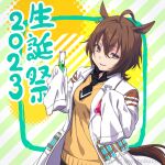  1girl 2023 agnes_tachyon_(umamusume) ahoge animal_ears breasts brown_eyes brown_hair diagonal_stripes floppy_sleeves hair_between_eyes holding holding_test_tube horse_ears horse_girl horse_tail lab_coat medium_breasts pantyhose parted_lips revision shiroi_karasu short_hair simple_background smirk solo striped striped_background tail teeth test_tube umamusume 