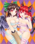  2girls :3 :d animal_ear_fluff argyle argyle_background arm_cannon bandages bird_wings black_wings bow braid breasts cat_tail cleavage closed_mouth collarbone extra_ears fingernails green_bow hair_bow kaenbyou_rin large_breasts long_fingernails long_hair looking_at_viewer marker_(medium) medium_breasts multiple_girls multiple_tails navel nekomata open_mouth orange_background pointy_ears purple_background red_eyes red_nails reiuji_utsuho side_braids smile tail touhou traditional_media twin_braids two_tails wassmint weapon wings 
