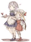  ! !! 2girls absurdres apron apron_tug back_bow blonde_hair blue_footwear blue_skirt blue_vest bobby_socks bow braid cake chigu closed_mouth clothes_tug crystal cup drinking_glass flandre_scarlet food frilled_apron frilled_skirt frilled_sleeves frills from_side fruit full_body grey_eyes grey_hair hat hat_ribbon height_difference highres holding holding_tray izayoi_sakuya large_bow looking_at_another maid maid_headdress mary_janes medium_hair mob_cap multicolored_wings multiple_girls one_side_up open_mouth plate puffy_short_sleeves puffy_sleeves purple_eyes red_footwear red_ribbon red_skirt red_vest ribbon ribbon-trimmed_headwear ribbon_trim shirt shoes short_sleeves simple_background skirt socks standing strawberry strawberry_cake touhou tray twin_braids vest waist_apron white_apron white_background white_bow white_headwear white_shirt white_socks wings 