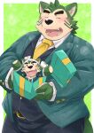  absurd_res anthro blush canid canine canis clothing domestic_dog eyebrows fur gift_box green_background green_body green_fur hi_res lifewonders live_a_hero male mammal mokdai nazebesu_hobby necktie plushie simple_background slightly_chubby smile solo suit thick_eyebrows topwear vest 