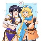  2girls anger_vein angry annoyed armor belt black_eyes black_hair blonde_hair blue_eyes blush braid braided_ponytail breastplate crossed_arms fire_emblem fire_emblem:_genealogy_of_the_holy_war gloves larcei_(fire_emblem) lizsbbp long_hair multiple_girls open_mouth patty_(fire_emblem) pelvic_curtain ponytail scarf short_hair shoulder_armor sidelocks simple_background skirt spoken_anger_vein tunic 